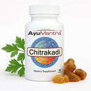 AyuMantra Chitrakadi Vati tablets bottle with green digestive herbs and resin chunks on a white background.