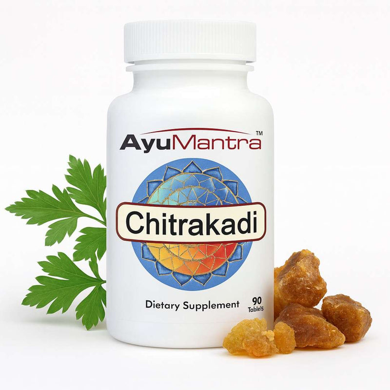 AyuMantra Chitrakadi Vati tablets bottle with green digestive herbs and resin chunks on a white background.