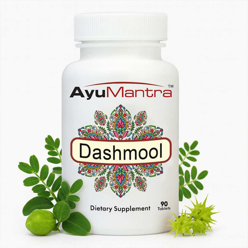 Dashmool tablets supplement bottle on a white background with green leaves, small fruit, and spiky herb sprigs.