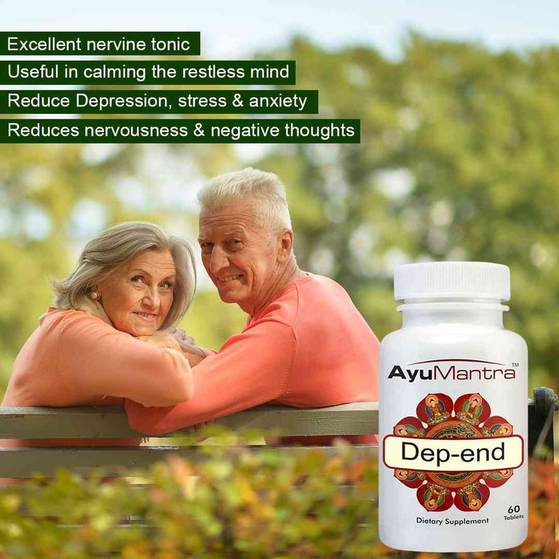 AyuMantra Dep-end tablets shown front and back with sunset beach background highlighting supplement details.