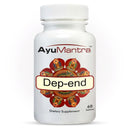 Front view of AyuMantra Dep-end tablets bottle showing label design on a clean white background.