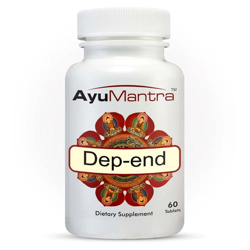 Front view of AyuMantra Dep-end tablets bottle showing label design on a clean white background.
