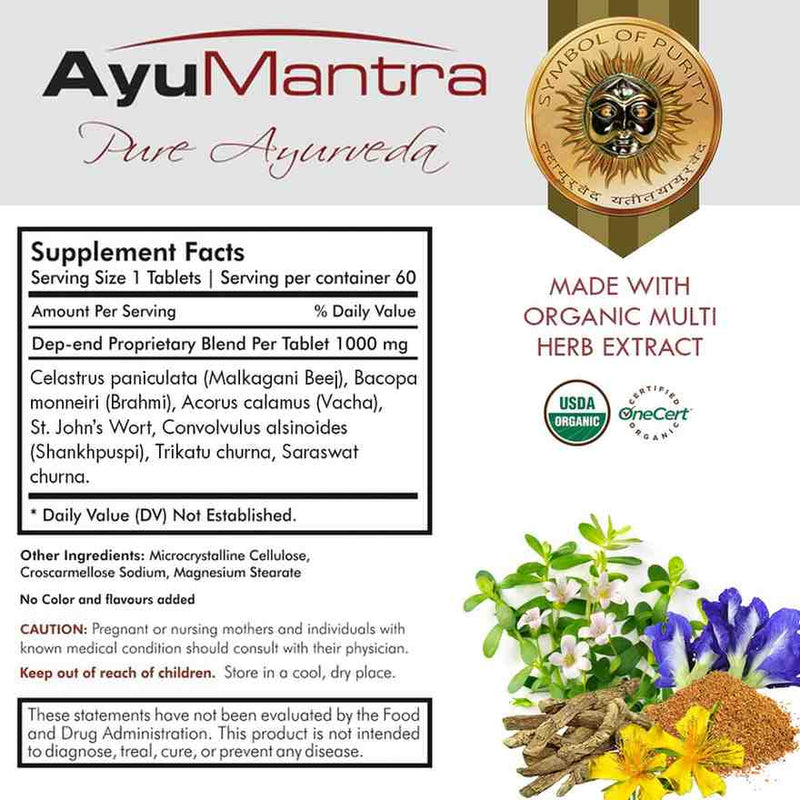 Supplement facts label for AyuMantra Dep-end tablets with ingredient list and organic herb images.