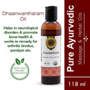 Bottle of Dhaanwantharam Oil with text on a white background