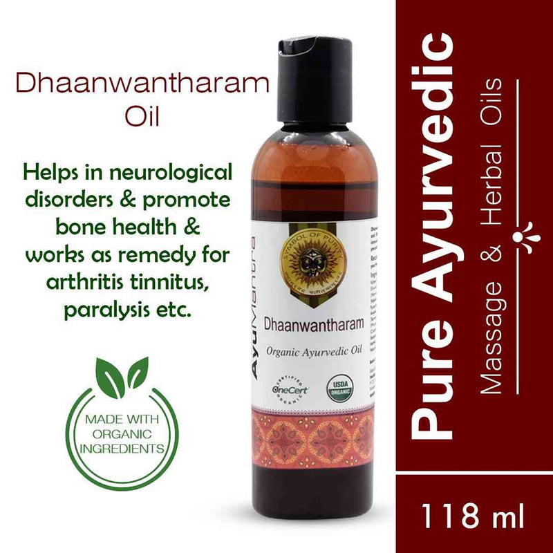 Bottle of Dhaanwantharam Oil with text on a white background