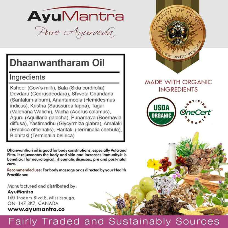 AyuMantra Dhaanwantharam Oil packaging with ingredients list, organic certification logos, and natural elements.