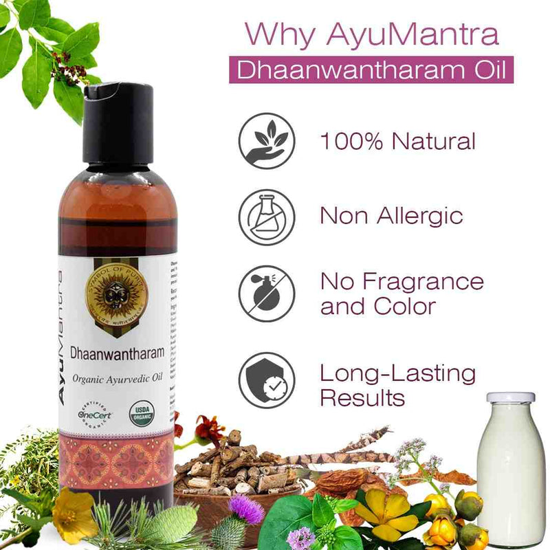 AyuMantra Dhaanwantharam oil bottle with natural ingredients and benefits on a white background