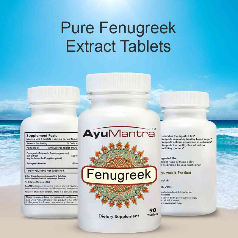 Three AyuMantra Fenugreek tablets bottles with supplement facts, displayed against an ocean sunset background.