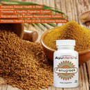 AyuMantra Fenugreek tablets bottle in front of fenugreek seeds and spice powder with benefit text overlay.