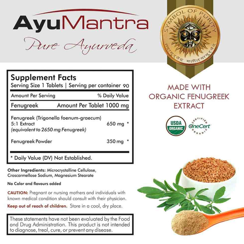 Fenugreek tablets supplement facts panel with AyuMantra branding, leaves, seeds and powder on the side.