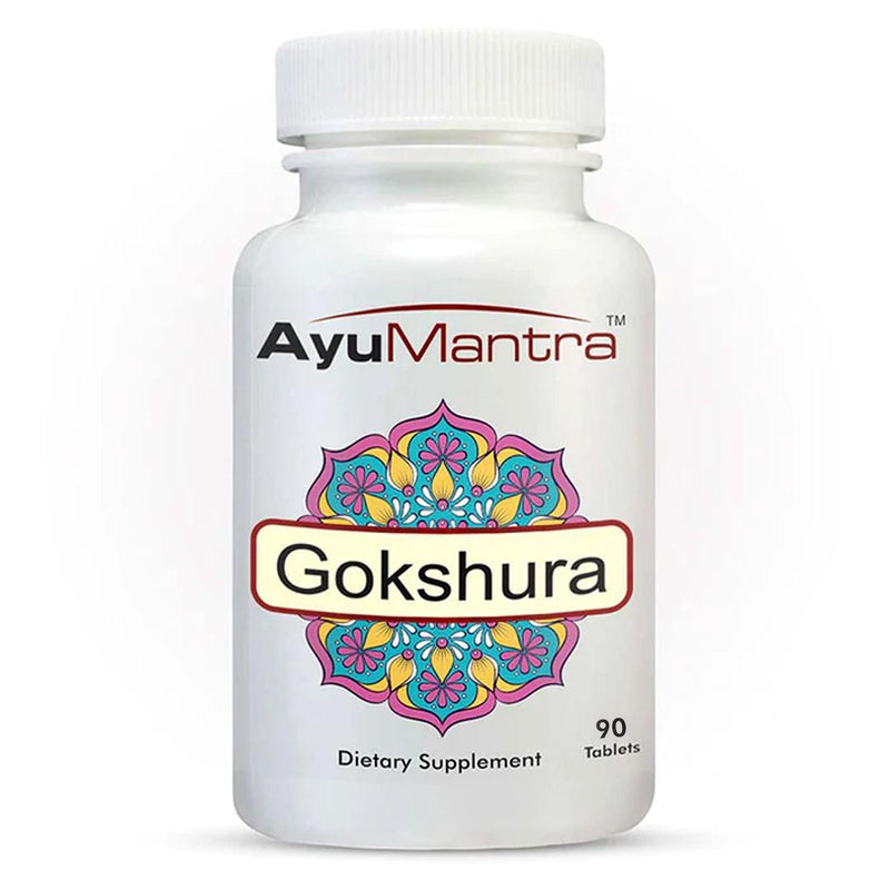 Front closeup of AyuMantra Gokshura tablets bottle, showing the colorful mandala label.