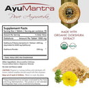 Supplement facts panel for AyuMantra Gokshura tablets with organic gokshura extract and powder image.