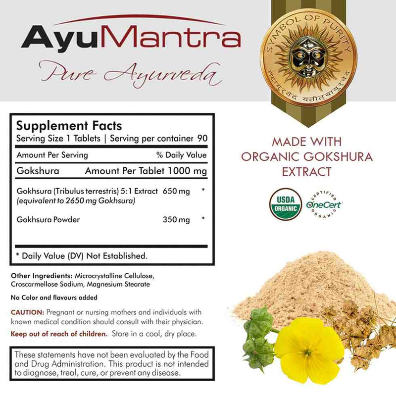 Supplement facts panel for AyuMantra Gokshura tablets with organic gokshura extract and powder image.