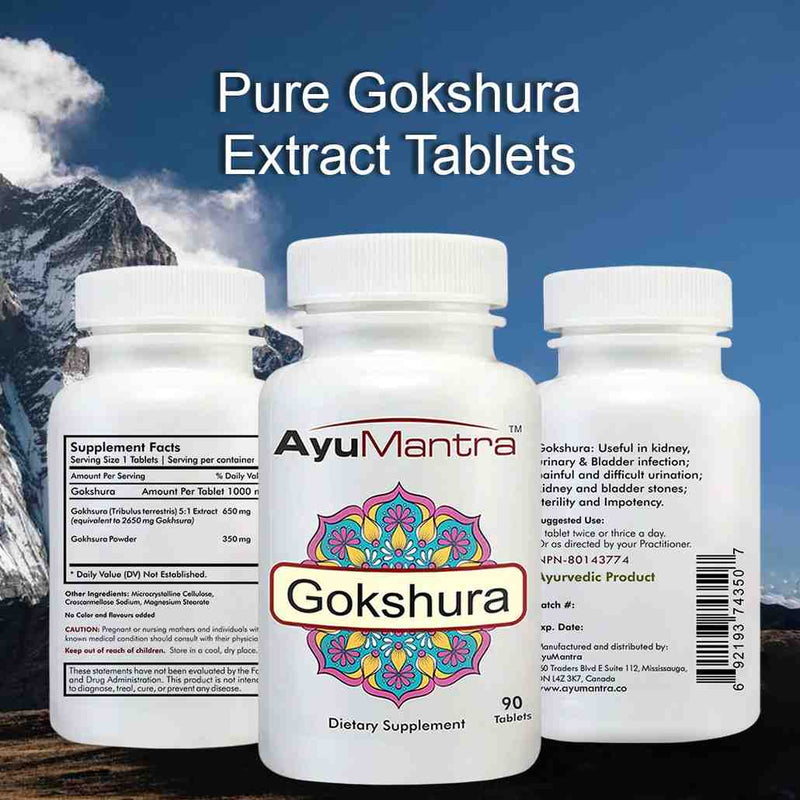 Three AyuMantra Gokshura tablets bottles displaying the front label, supplement facts, and usage text.