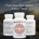 Three Ayumantra Gotu Kola tablets bottles showing front label, supplement facts, and usage details.