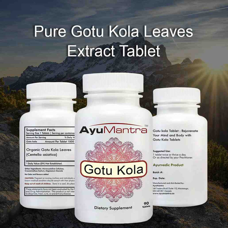Three Ayumantra Gotu Kola tablets bottles showing front label, supplement facts, and usage details.