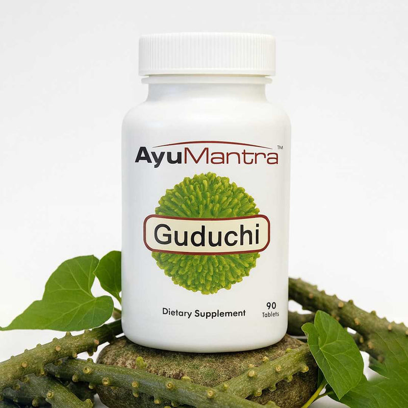 AyuMantra Guduchi tablets bottle on a rock with green grass background dietary supplement
