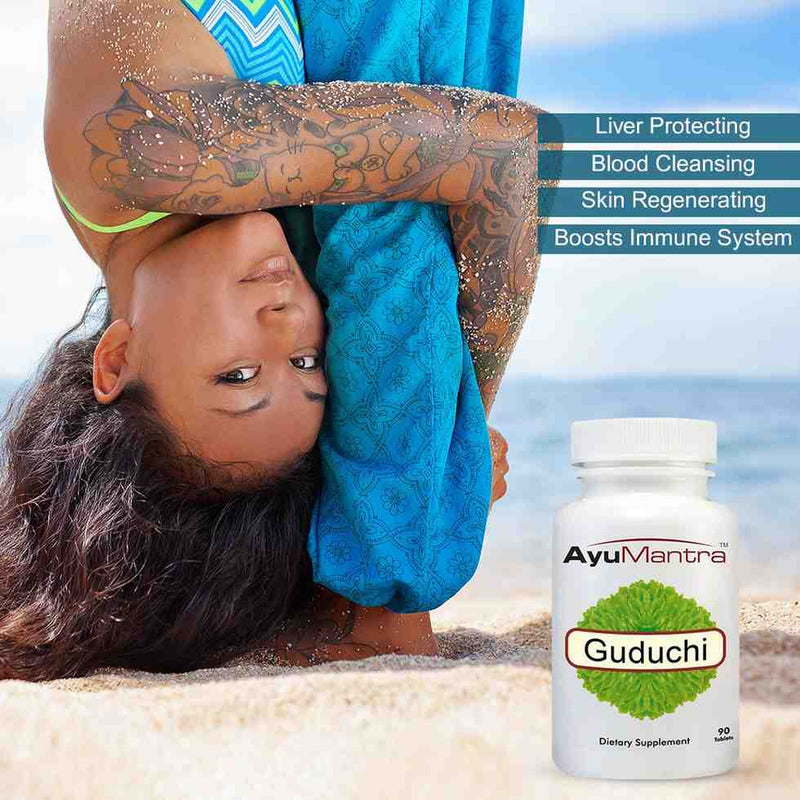 Woman stretching on beach beside AyuMantra Guduchi tablets bottle with wellness benefit captions