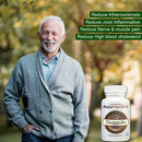 Smiling senior man outdoors beside an AyuMantra Guggulu tablets bottle in a lifestyle wellness scene.