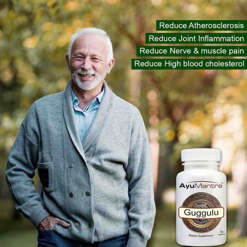 Smiling senior man outdoors beside an AyuMantra Guggulu tablets bottle in a lifestyle wellness scene.