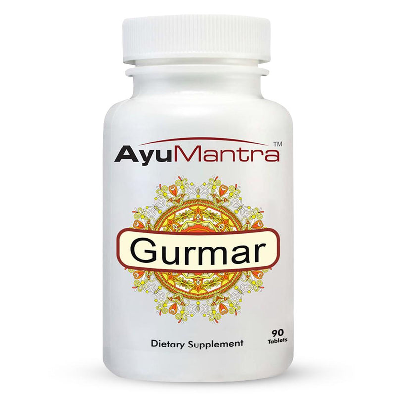 Front view of AyuMantra gurmar tablet bottle showing clear product label and 90 tablets.