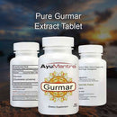 Three AyuMantra gurmar tablet bottles displaying supplement facts and product information.