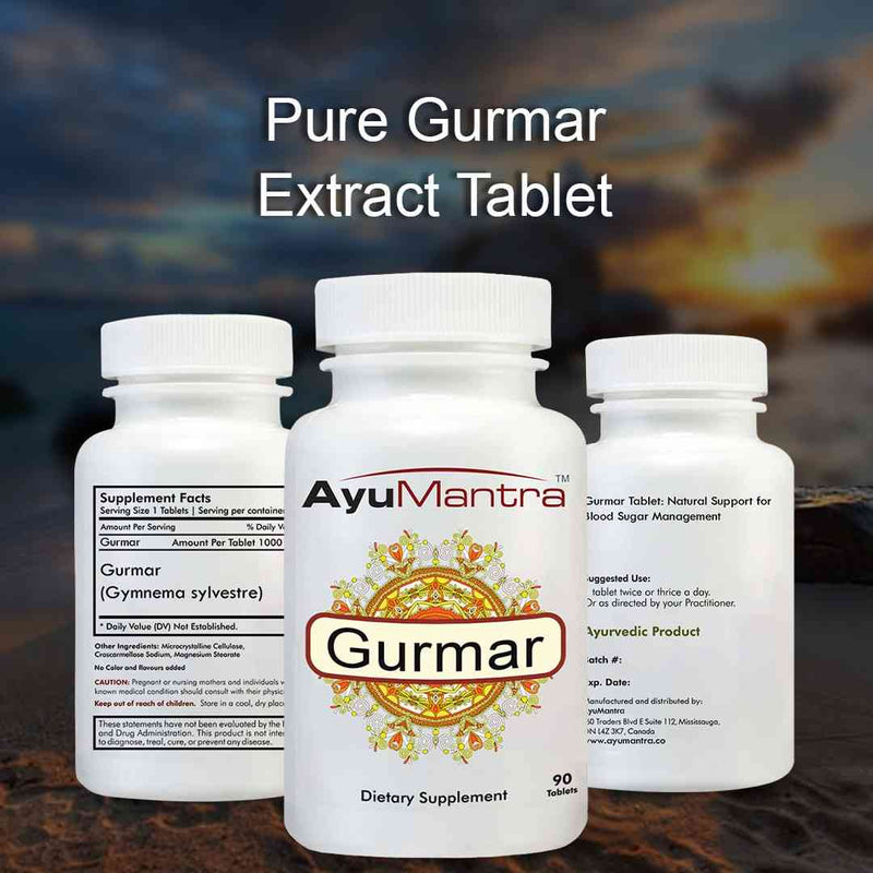 Three AyuMantra gurmar tablet bottles displaying supplement facts and product information.