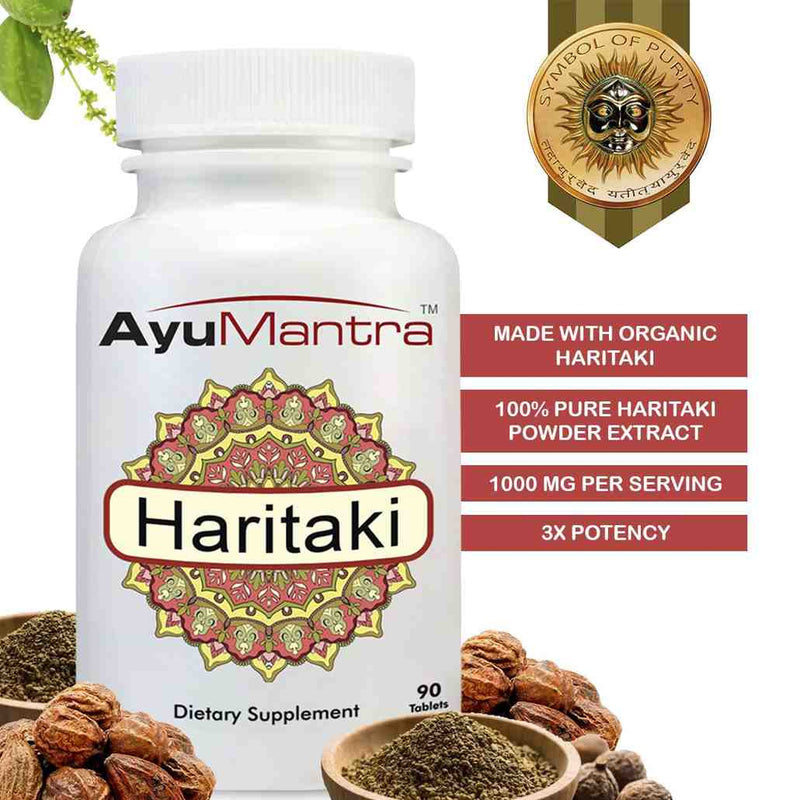 AyuMantra Haritaki tablets bottle with organic haritaki powder and fruits highlighting 1000 mg serving