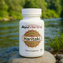AyuMantra Haritaki tablets bottle on a rock by a river with green forest background