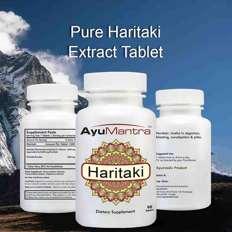 Three AyuMantra Haritaki tablets bottles showing supplement facts and usage information