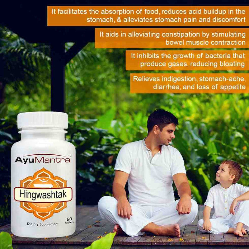 Father and child sitting outdoors beside AyuMantra Hingwashtak tablets bottle, promoting digestion and gas relief support.