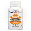 Front view of AyuMantra Hingwashtak tablets bottle, Ayurvedic digestion and gas relief herbal supplement label close-up.
