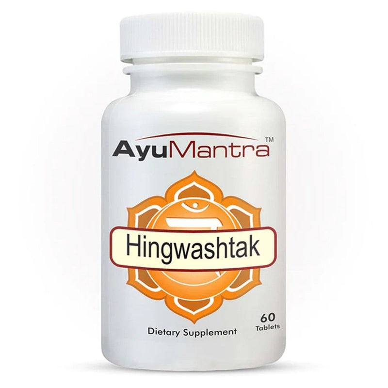 Front view of AyuMantra Hingwashtak tablets bottle, Ayurvedic digestion and gas relief herbal supplement label close-up.