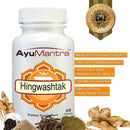 AyuMantra Hingwashtak tablets bottle with digestive herbs and benefit claims, organic multi herb powder extract supplement