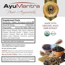 Supplement facts panel for AyuMantra Hingwashtak tablets showing multi herb formula and organic digestive powder extract.