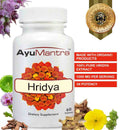 Ayumantra Hridya tablets bottle with Symbol of Purity badge and organic extract highlights