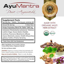 Supplement facts panel for Ayumantra Hridya tablets with organic multi herb extract ingredients shown