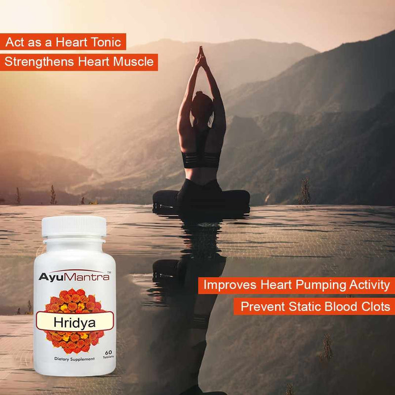 Woman doing yoga by water with Ayumantra Hridya tablets bottle and heart support benefit text
