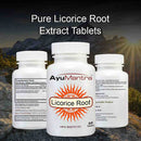 AyuMantra Licorice Root extract tablets with a mountainous background