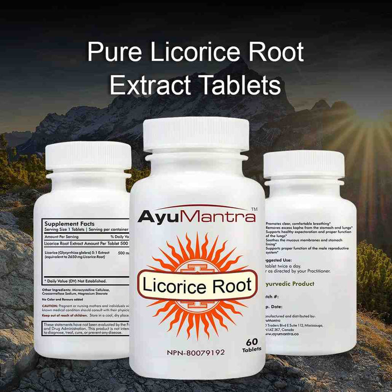 AyuMantra Licorice Root extract tablets with a mountainous background