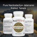 Set of Ayumantra Jatamansi tablets bottles showing front label, supplement facts and usage text.