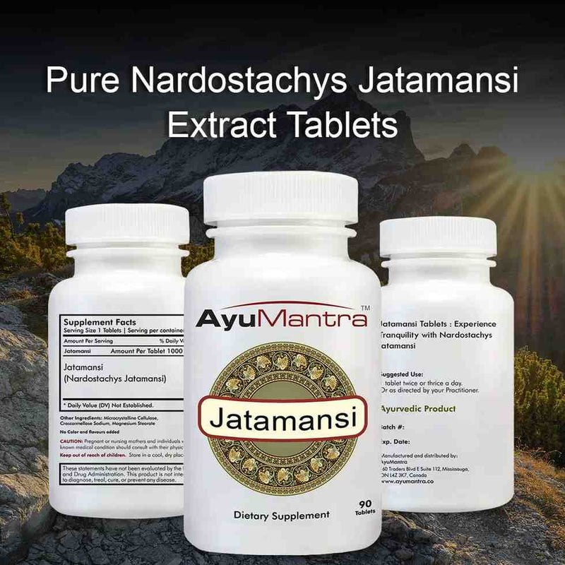 Set of Ayumantra Jatamansi tablets bottles showing front label, supplement facts and usage text.