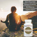 Man meditating at sunset with Ayumantra Jatamansi tablets bottle, highlighting natural stress relief