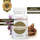 Ayumantra Jatamansi tablets bottle with roots and flowers, featuring 1000 mg organic jatamansi extract.