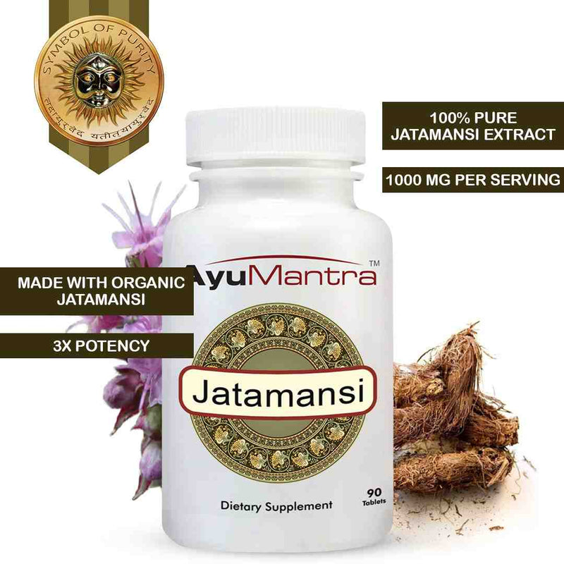 Ayumantra Jatamansi tablets bottle with roots and flowers, featuring 1000 mg organic jatamansi extract.