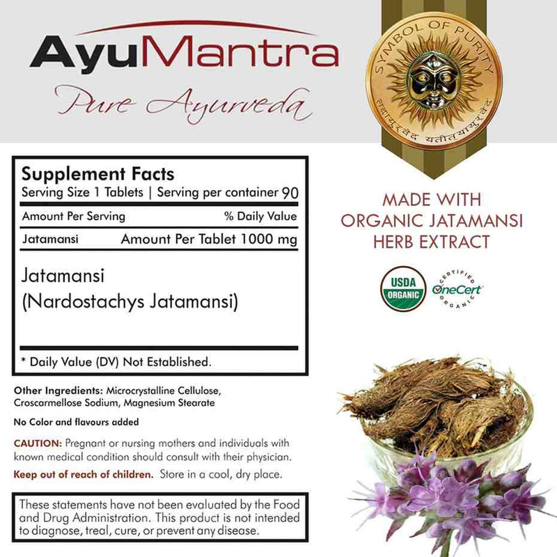 Jatamansi tablets supplement facts panel with organic Nardostachys jatamansi root and certification badges.
