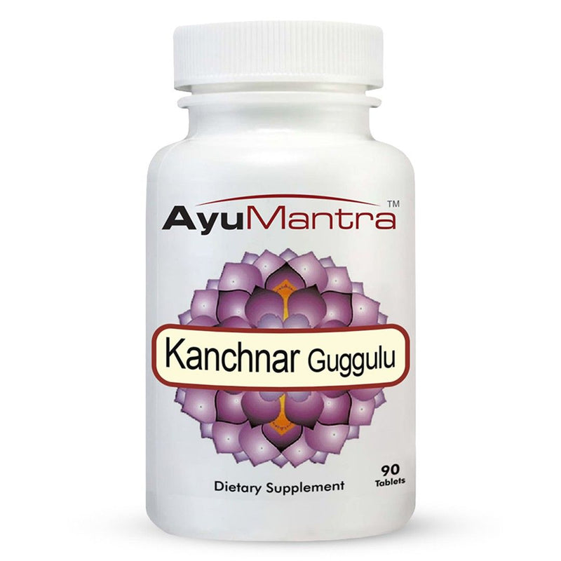 Front view of Ayumantra Kanchanara Guggulu tablets bottle showing lotus label and 90 tablets text.