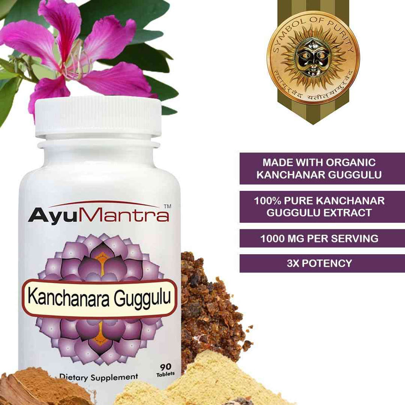 Kanchanara Guggulu tablets bottle with organic extract claims and surrounding herbal ingredient powders.