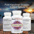 Three Kanchanara Guggulu tablets bottles displaying front label, supplement facts and usage directions.