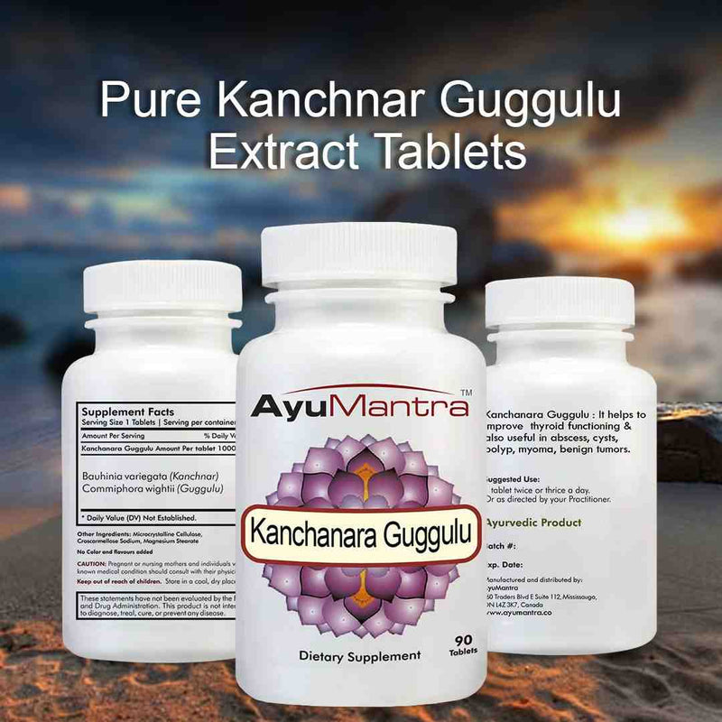Three Kanchanara Guggulu tablets bottles displaying front label, supplement facts and usage directions.
